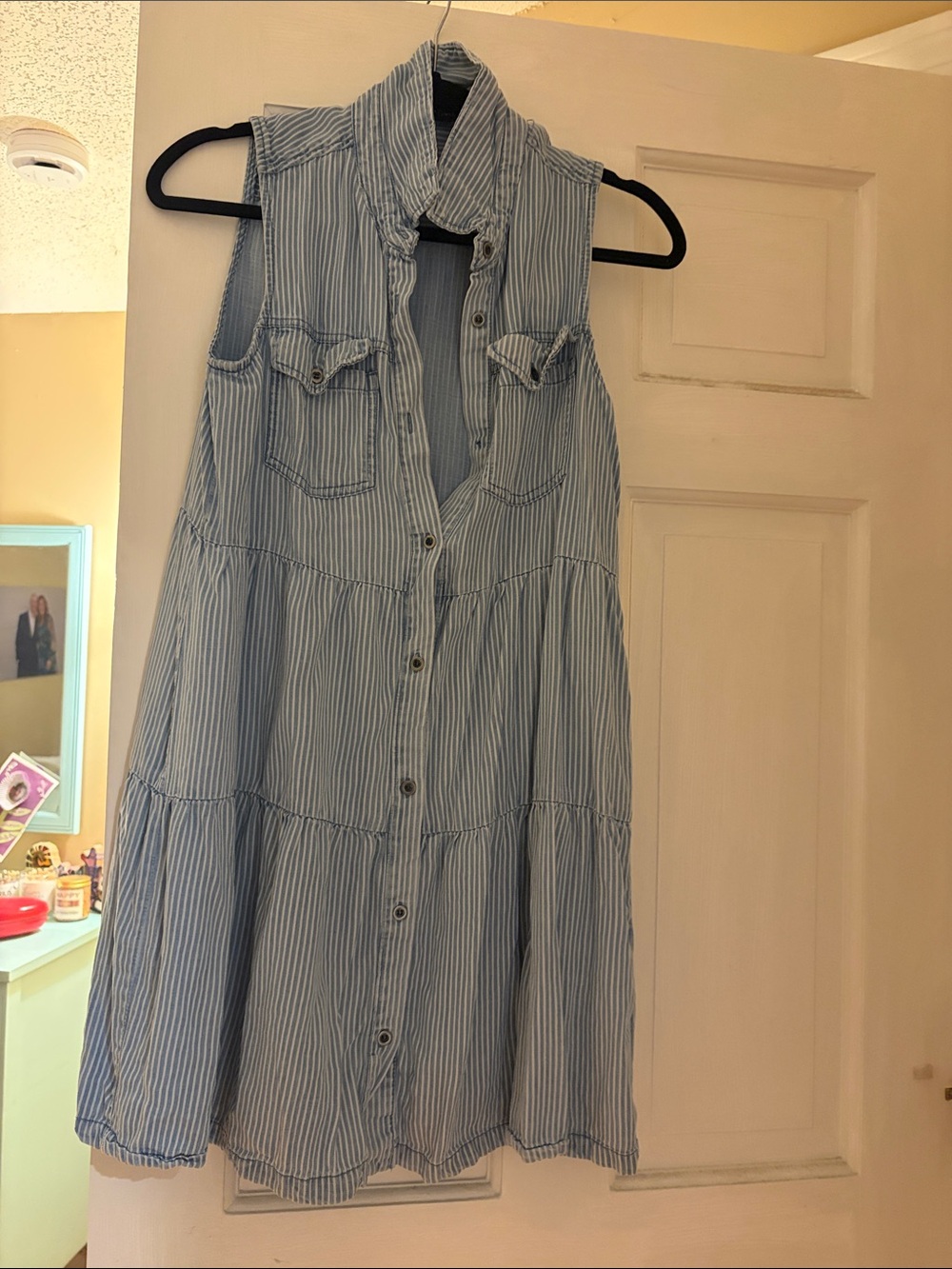 Sleeveless Button-Front Striped Shirt Dress - Light Blue & White